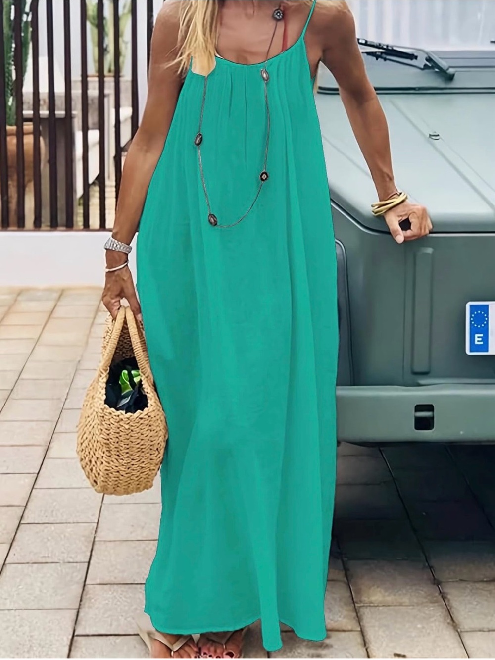 Turquoise Spaghetti Strap Backless Maxi Dress Coverup Summer Sundress One Size